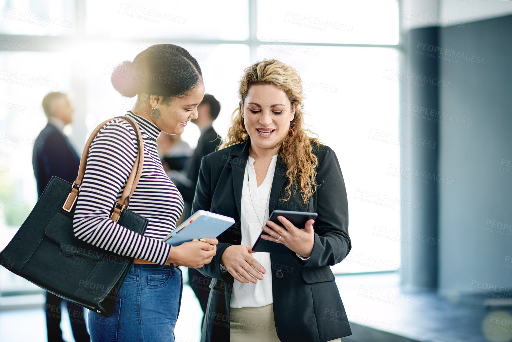 Buy stock photo Business people, tablet or talking at conference break with seminar follow up, startup ideas or insight. Convention, woman and keynote speaker with tech in lobby for networking and workshop feedback