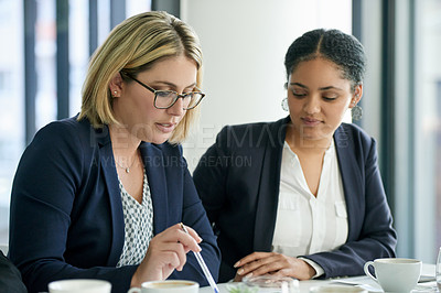 Buy stock photo Talking, women and team with notes, boardroom and plan for wealth management, discussion and coffee. Meeting, colleagues and people with document for investment opportunity and financial analysis