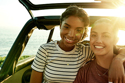 Buy stock photo Road trip, happy and portrait of friends in car for summer holiday, vacation and adventure in countryside. Hug, smile and women in vehicle for bonding on journey, tourism and travel destination