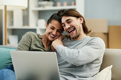 Buy stock photo Relax, laugh and couple on sofa with laptop for watching movies, funny series and entertainment. Bonding, happy and man with woman on computer for subscription, film and comedy on weekend in home