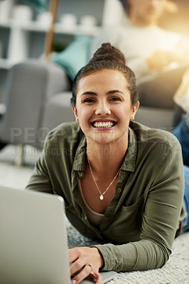Buy stock photo Laptop, learning and portrait with woman on floor in living room of home for education or study. Computer, remote and smile with happy student on carpet in apartment for development, future or growth
