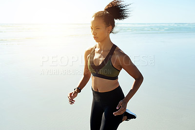 Buy stock photo African woman, running and fitness on beach for exercise, cardio training and endurance routine. Space, female person and jog with blue sky, sports workout and marathon practice on ocean for wellness