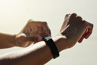 Buy stock photo Hands, person and smart watch outdoor for fitness, wellness and performance stats in active challenge. Athlete, tracking steps and heart rate in cardio training, exercise app and timer for progress.