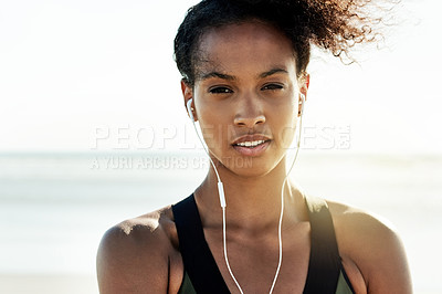 Buy stock photo Portrait, break and woman with earphones, beach and music for training routine, athlete and fitness. Outdoor, runner and black person with tech for audio, rest and workout with playlist in nature