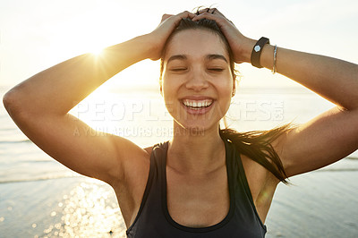 Buy stock photo Success, fitness and happy woman at beach for workout challenge, win and achievement by water at sunset. Ocean, victory and sports athlete outdoor with exercise target, health goal and celebration