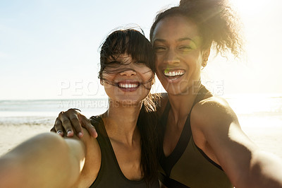 Buy stock photo Happy woman, selfie and exercise at beach with friends, hug or excited for fitness routine in summer. People, girl and profile picture with flare, portrait and training with social media post by sea