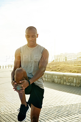 Buy stock photo Fitness, black man and stretching legs in city to start workout, exercise and practice in morning. Mockup space, athlete and cardio warm up outdoor for training preparation, wellness and performance