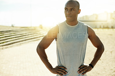 Buy stock photo Thinking, athlete and black man with confidence outdoor for fitness, exercise and training ideas. Thoughts, male person and vision for sports workout, cardio reflection and marathon practice in city