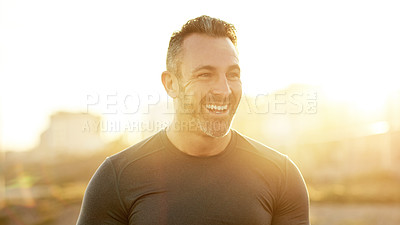 Buy stock photo Runner, fitness and man in morning happy for exercise, marathon training or cardio workout in town. Sports, sunshine and person for wellness, rest and health for performance, endurance and running