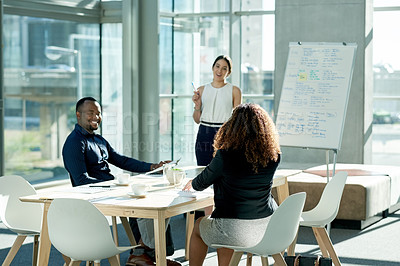 Buy stock photo Team, business woman and discussion with presentation, compliance proposal or idea. Happy presenter, training and planning in office meeting to review policy, strategy or explain feedback for project