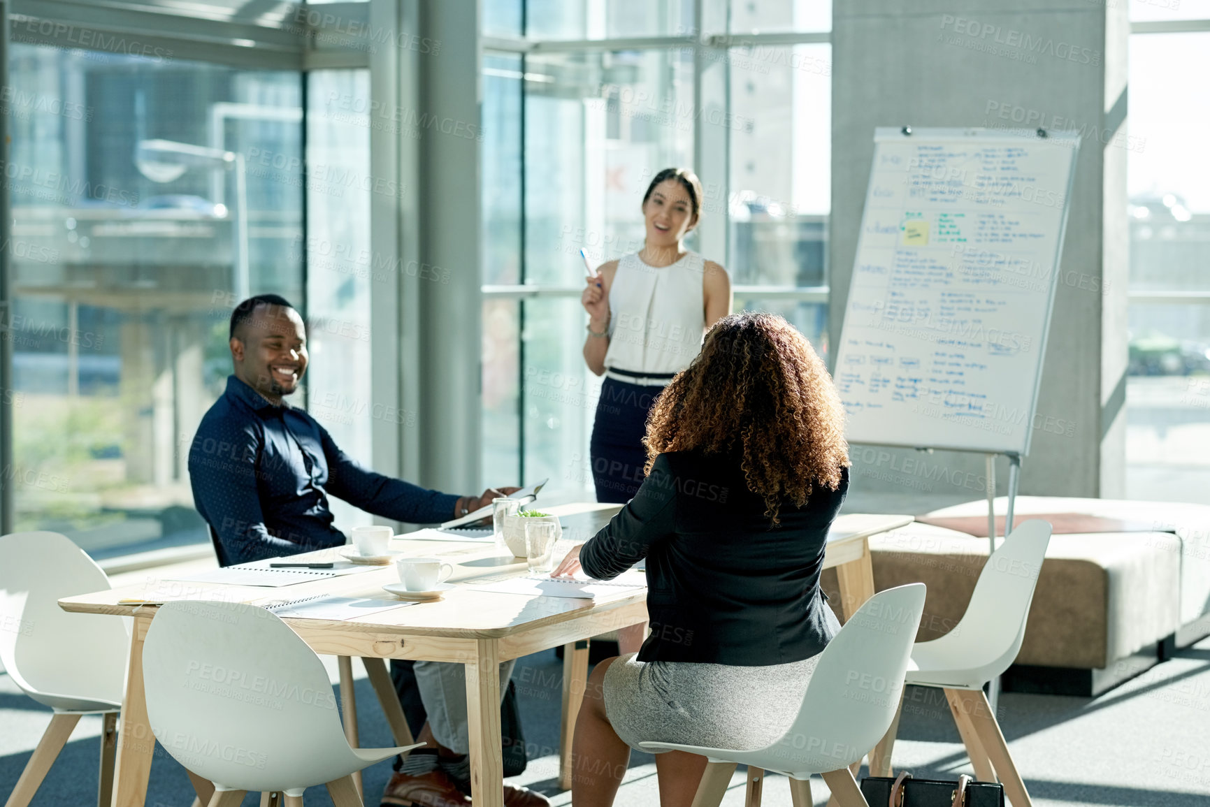 Buy stock photo Team, business woman and discussion with presentation, compliance proposal or idea. Happy presenter, training and planning in office meeting to review policy, strategy or explain feedback for project