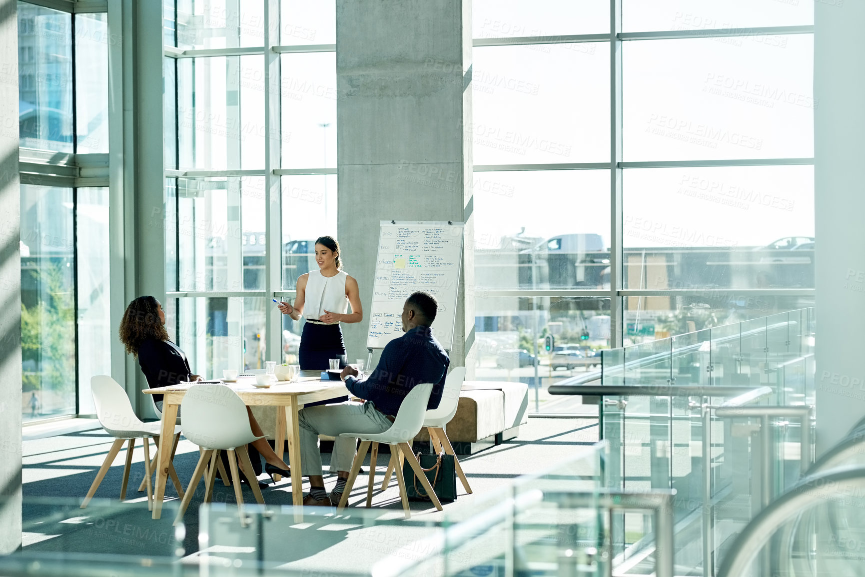 Buy stock photo Presentation, meeting and training with business people in office for discussion, planning or project management. Collaboration, teamwork and woman with whiteboard for brainstorming, report or review