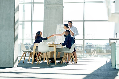 Buy stock photo Business, people and meeting with handshake in office for greeting, introduction and partnership. Employees, women and shaking hands for hiring, recruitment agreement and thank you of job opportunity