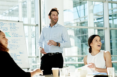 Buy stock photo Meeting, presentation and smile with business people in office for brainstorming, team and portfolio manager. Speaker, pitch and account growth with employees in finance agency for broker report