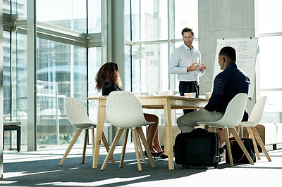 Buy stock photo Meeting, presentation and team with business people in office for brainstorming, whiteboard and portfolio manager. Speaker, pitch and account growth with employees in finance agency for broker report
