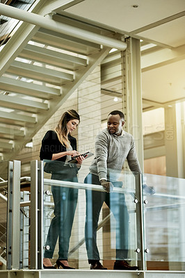 Buy stock photo People, tablet and meeting in lobby for business, agenda and feedback for project. Proposal, tech and admin team on office stairs for planning, schedule update and support for company development