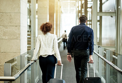 Buy stock photo Airport, people and walk with suitcase, business travel and journey for career development and team. Back, salesman and woman with luggage for flight, opportunity and international trip for seminar