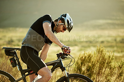 Buy stock photo Cycling, countryside and man with training, bike and endurance with environment, cardio and wellness. Outdoor, bicycle or healthy person with water bottle, fitness or sports  with workout and space