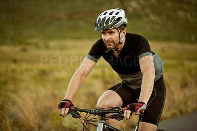 Buy stock photo Cycling, man and exercise with bicycle, nature and training for sport tournament, active or fitness. Outdoor, athlete and eco friendly transport for zero emissions, safety and person with helmet