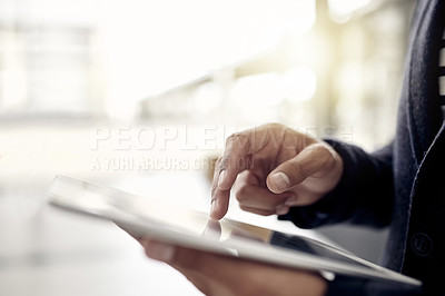 Buy stock photo Hands, research or lawyer with tablet in office for business, consulting advice or feedback. Closeup, person or attorney with touchscreen in company with legal advisor, bokeh or review for court case