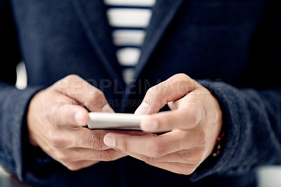 Buy stock photo Business, phone or hands of person texting in closeup for message, email notification or connection. Professional, network or mobile app in workforce for internet browsing, research or online chat