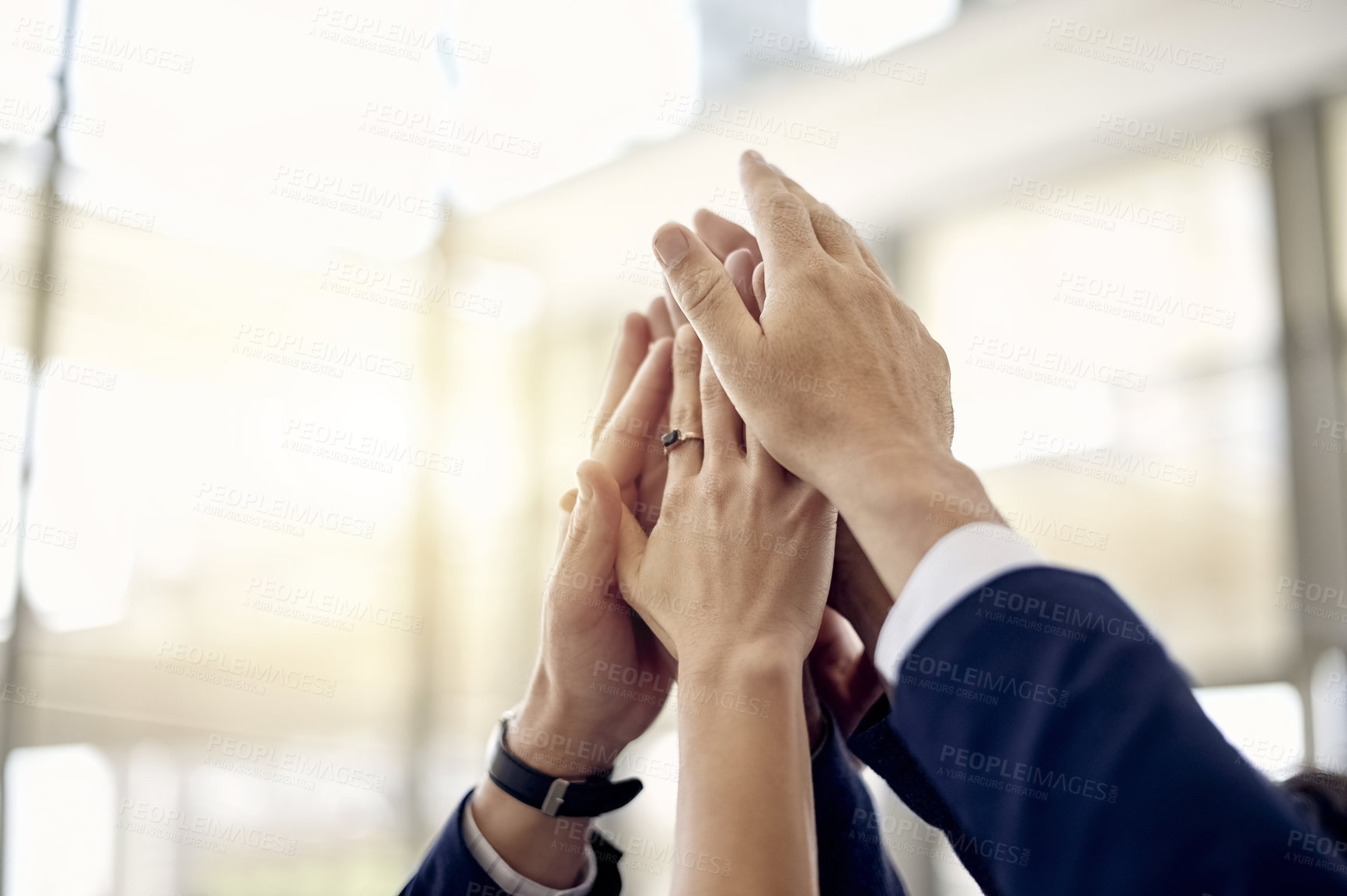 Buy stock photo Business, group and hands together with teamwork in office for support, team building or solidarity. Meeting, people or high five with space for workplace community, internship success or celebration