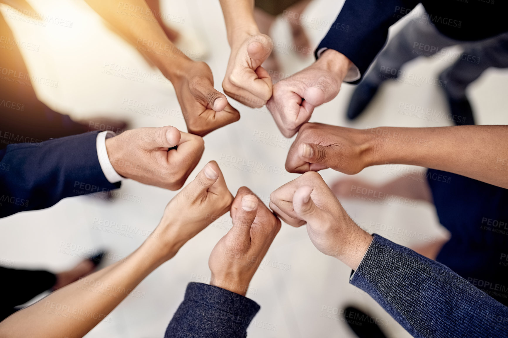 Buy stock photo Top view, hands or business people with thumbs up in office ice for good job, well done and teamwork. Group, above and employees with circle, like gesture or yes sign for review and staff development