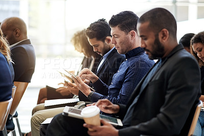 Buy stock photo Business, workshop and man with tablet in audience for training, learning and online summit survey. Global expo, crowd and person with digital notes for career development, knowledge and presentation