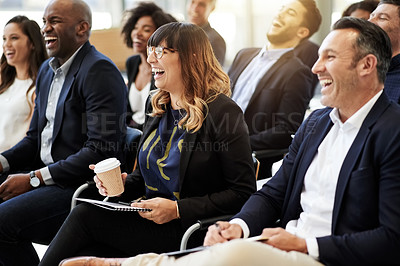 Buy stock photo Business, seminar and woman with laughing in audience for funny speech, ice breaker and conference. Corporate training, people and happy at event for joke, employee engagement and career development