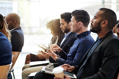 Buy stock photo Tablet, audience and workshop with business man for presentation, panel discussion and research. Meeting, conference and schedule list with people at seminar for team, digital agenda and showcase