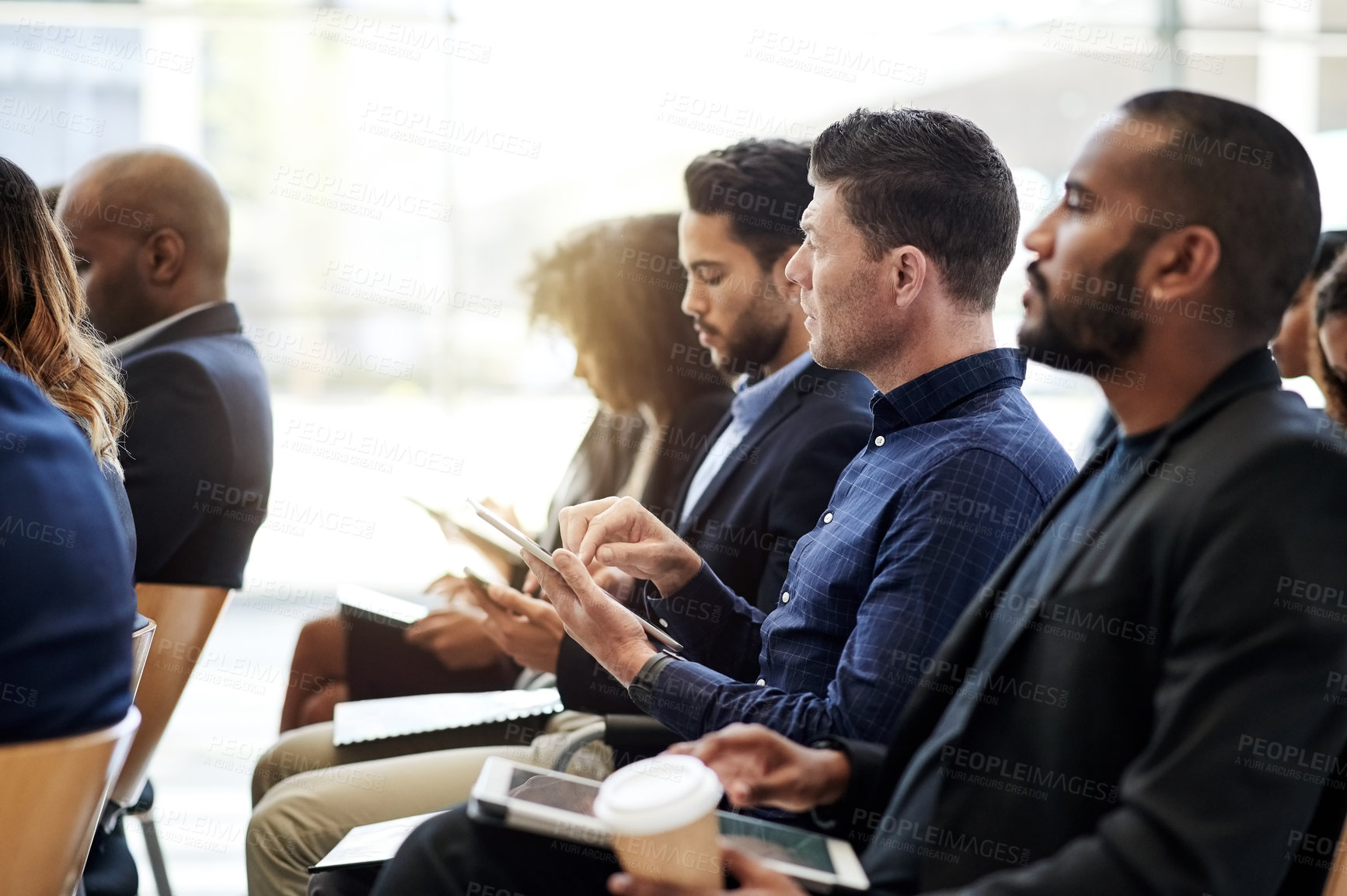 Buy stock photo Tablet, audience and workshop with business man for presentation, panel discussion and research. Meeting, conference and schedule list with people at seminar for team, digital agenda and showcase