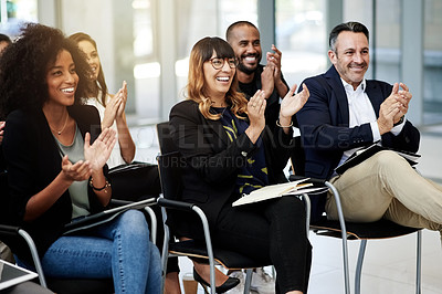 Buy stock photo Praise, happy or business people clapping in workshop for success, seminar or staff project. Support, development and applause of audience in presentation for learning, goals or winning achievement
