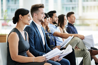 Buy stock photo Happy, listening or audience with documents in conference for seminar, instruction or learning. Business lesson, attention or people in staff workshop for presentation, paperwork or career skills