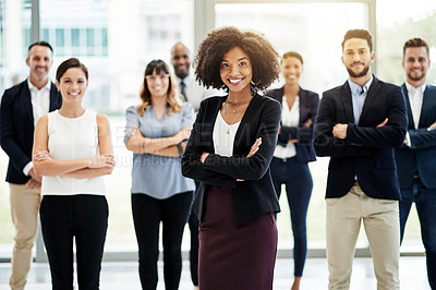 Buy stock photo Portrait, leader and woman with arms crossed, office or group of lawyers with ambition or confident. Attorney, colleagues and people with pride for legal service, smile or happy to defend in law firm