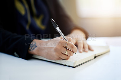 Buy stock photo Business woman, hands and writing in notebook at desk for schedule, appointment reminder or agenda. To do list, employee and journal entry in office for work admin, taking notes and calendar planner