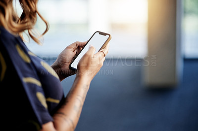 Buy stock photo Phone screen, scroll and hands of business woman in office for research, communication and publishing firm. Contact, mockup and manuscript editor with person in agency for email, networking and app
