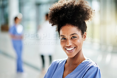 Buy stock photo Happy, hospital and portrait of nurse in clinic for medical internship, career and opportunity. Healthcare, about us and woman with confidence, pride and smile for wellness, service and medicare job