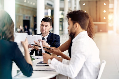 Buy stock photo Meeting, documents and business people in office with finance report for budget planning. Paperwork, discussion and financial advisors working on investment proposal in collaboration in workplace.
