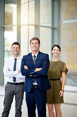 Buy stock photo About us, collaboration and portrait of business people in corporate office for development or professionalism. Arms crossed, company and smile of happy employee team in workplace together for unity