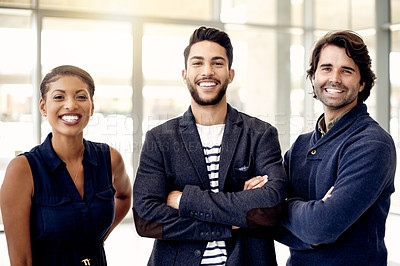 Buy stock photo Happy, portrait and team in business with arms crossed, ambition or motivation for company goals. Confident, united and people together in office with smile, solidarity and collaboration in agency.