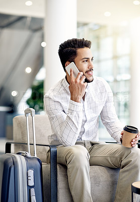 Buy stock photo Phone call, thinking and business man in airport lobby for conference, travel and confirmation. Online booking, seminar schedule and flight plan with person and drink with information on reservation