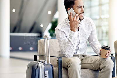 Buy stock photo Phone call, discussion and business man in airport lobby for conference, travel and confirmation. Trip booking, seminar schedule and flight plan with person and drink with information on reservation