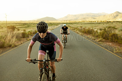 Buy stock photo Athlete, people and cycling on bike in road for pace training, sport fitness and race challenge. Cyclist, safety and team riding on bicycle in nature for cardio exercise, endurance workout and energy