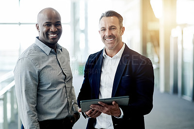 Buy stock photo Business, team and portrait with tablet in office for finance planning, market research or about us. Financial advisor, collaboration and happy men with digital app for investment management or pride