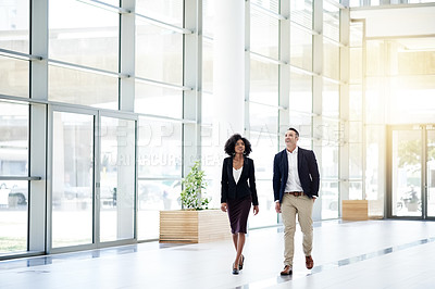 Buy stock photo Business, walking and people with arrival in office for job experience, career growth or guidance. Professional, mentor or intern in conference center to explore workplace, discussion or opportunity