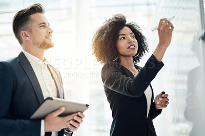 Buy stock photo Whiteboard, brainstorming and business people in meeting for ideas, finance proposal and solution. Office, collaboration and workers on tablet writing for financial planning, revenue and budget