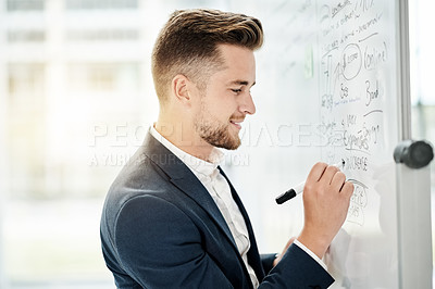 Buy stock photo Business, whiteboard and man in office, writing and financial agency with equation for investment deal. Person, brainstorming and employee in workplace, planning and trading with profit analysis