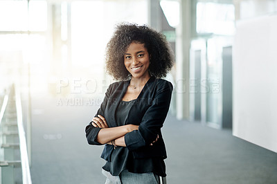 Buy stock photo Portrait, arms crossed and happy business woman in office as financial consultant with pride. African employee, professional and confident investment advisor with opportunity, about us and flare