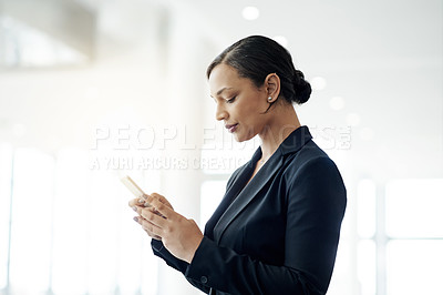Buy stock photo Texting, online and woman with smartphone, office or communication for legal appointment or schedule. Space, networking and lawyer with mobile for consultation, planning and policy updates on website