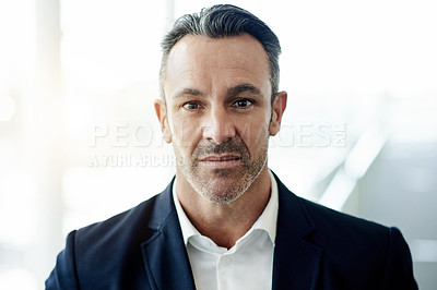 Buy stock photo Business, portrait and serious with mature man in lobby of workplace for company management. About us, CEO and corporate with face of experienced manager in foyer of office for career development
